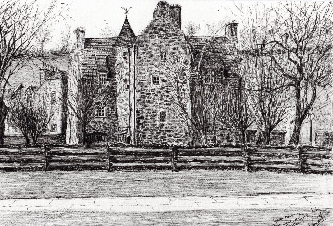 Queen Marys hus Jedburgh, 2006, (bläck på papper) av Vincent Alexander Booth