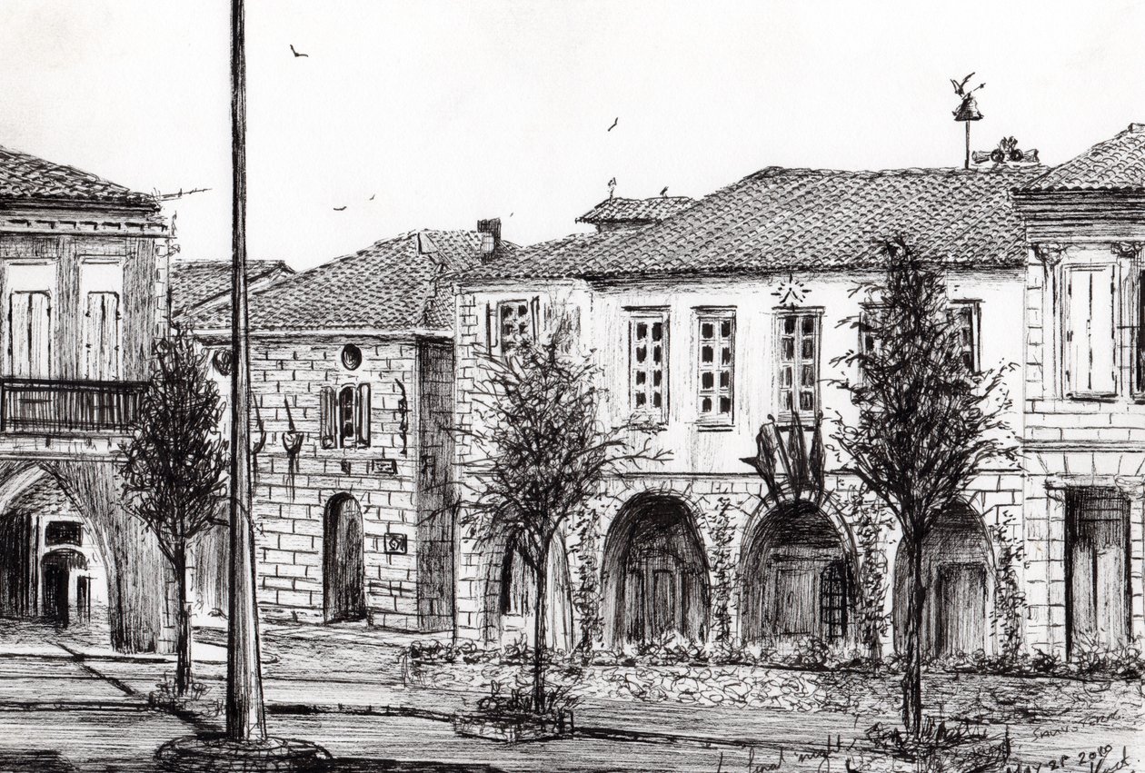 Sauveterre Town Frankrike, 2010, (bläck på papper) av Vincent Alexander Booth