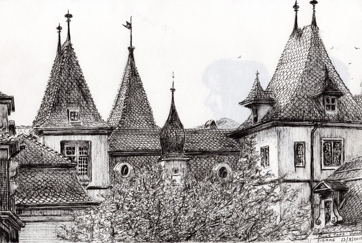 Sierre Rooftops Switzerland, 2012, (Bläck på papper) av Vincent Alexander Booth