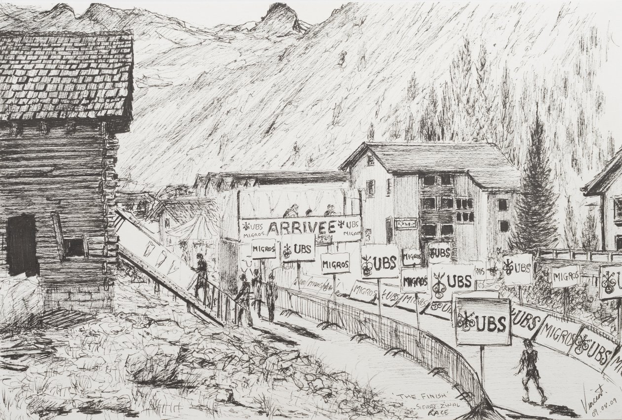 Sierre till Zinal Mountain Race, The Finish, 2009, (Bläck på papper) av Vincent Alexander Booth