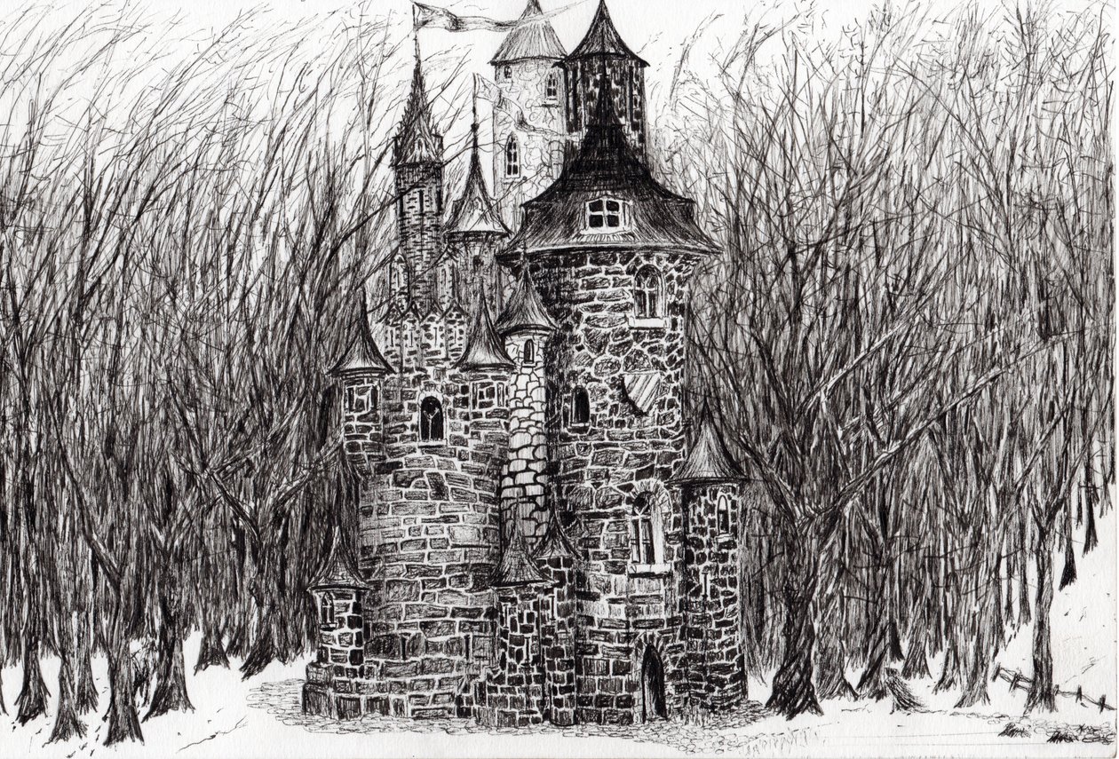 Slottet i skogen i Findhorn, 2006, (bläck på papper) av Vincent Alexander Booth