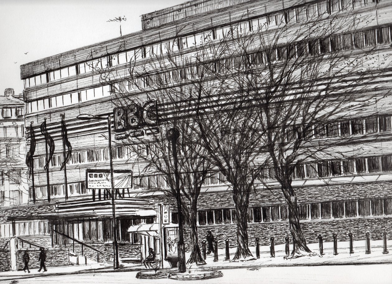 The Old BBC Oxford road Manchester, 2011, (bläck på papper) av Vincent Alexander Booth