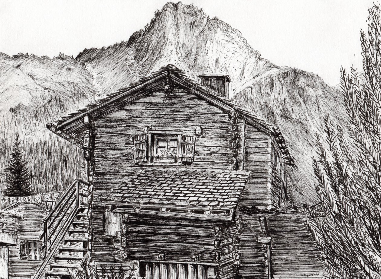 Utsikt från B&B Zinal Switzerland, 2011, (bläck på papper) av Vincent Alexander Booth