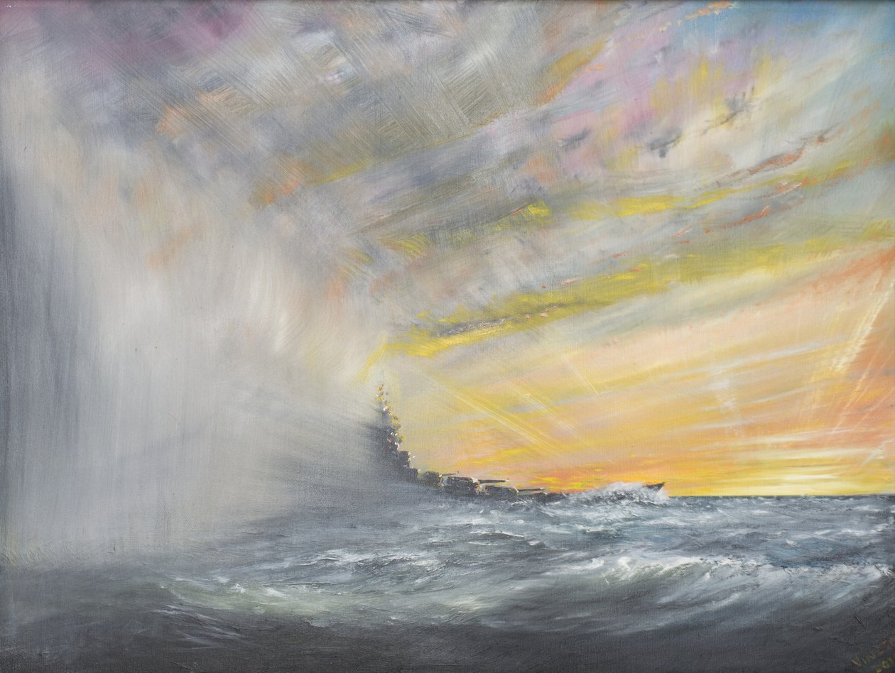 Yamato dyker upp från en tyfon i Stilla havet 1944, 2010, (olja på duk) av Vincent Alexander Booth