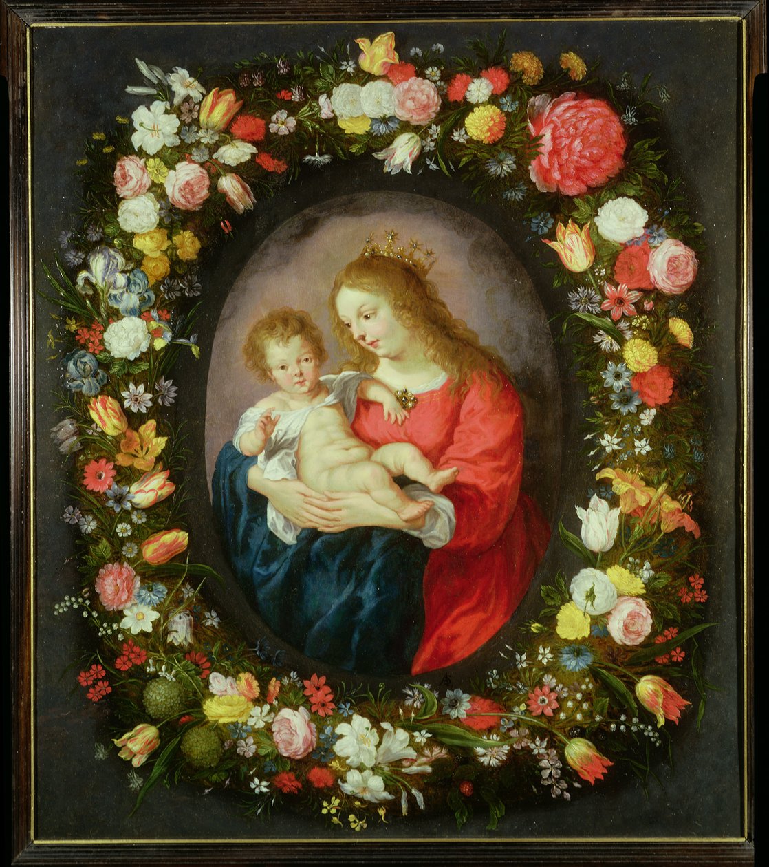 Madonna och barn i en krans av blommor (olja) av Vincent Sellaer