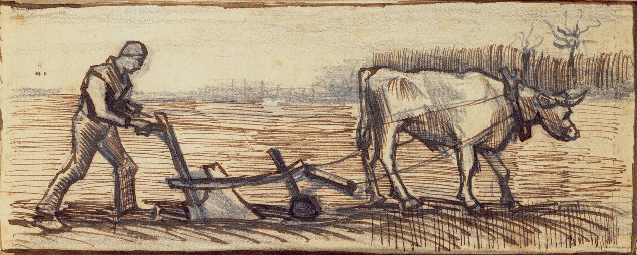 Vid plogen, från en serie av fyra teckningar som representerar de fyra årstiderna (blyerts, penna och brunt bläck på papper) (se även 61643-5-6) av Vincent van Gogh