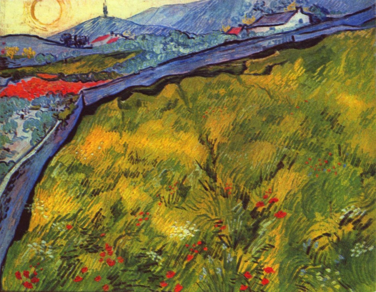 Berglandschaft bei Sonnenaufgang mit eingezäunter Wiese av Vincent van Gogh