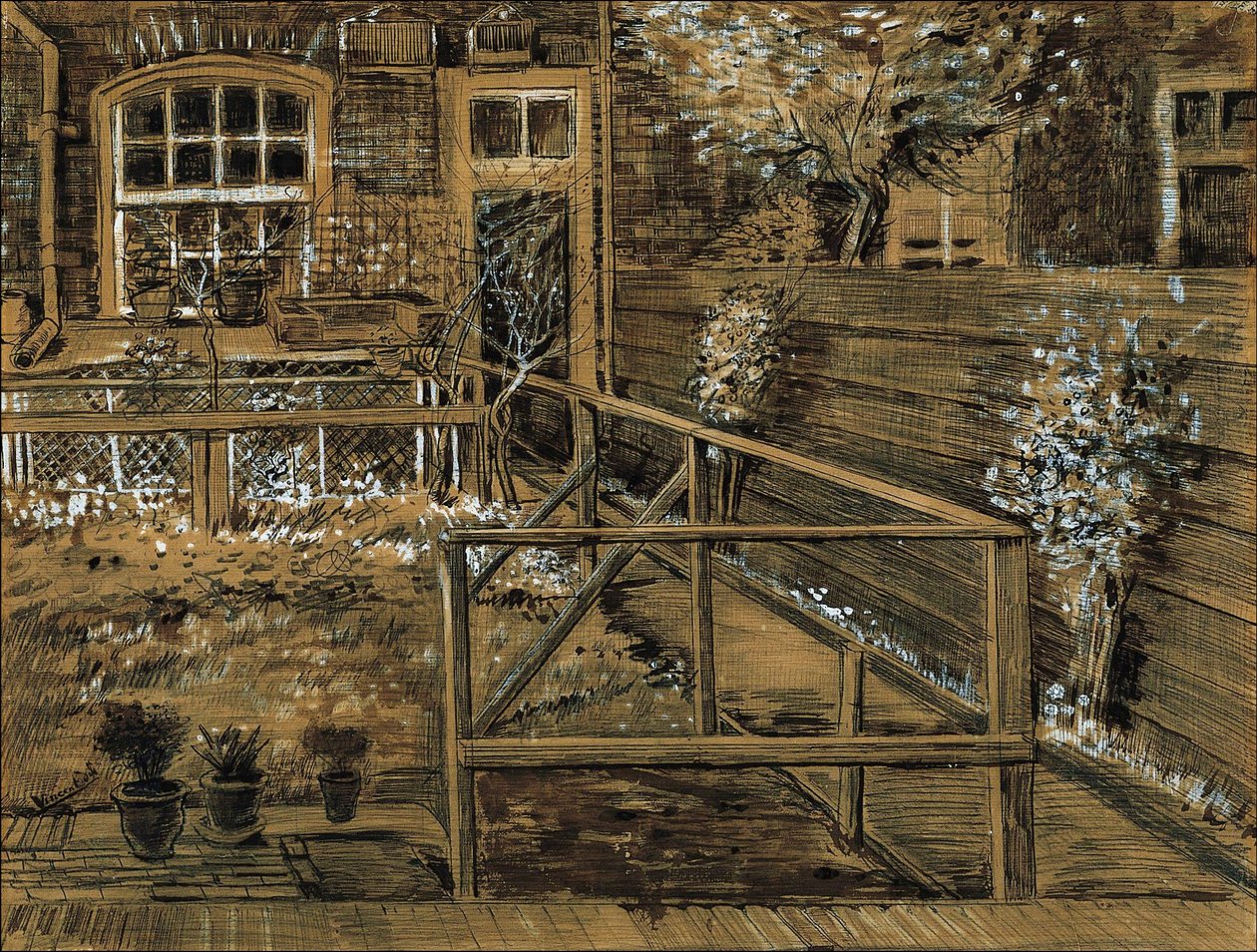 De tuin achter het huis van de moeder van Sien in Den Haag av Vincent van Gogh
