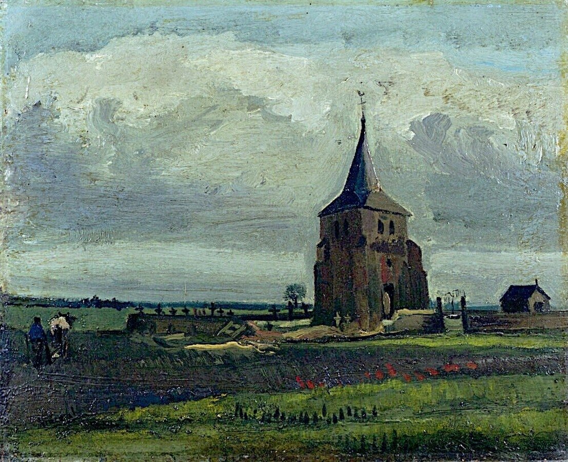 Det gamla kyrkogårdstornet i Nuenen med bönder som plågar av Vincent van Gogh