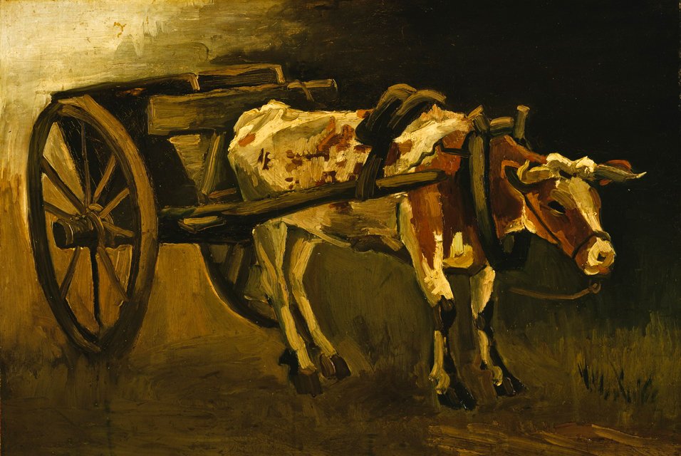 Vagn med en rödbrun oxe av Vincent van Gogh