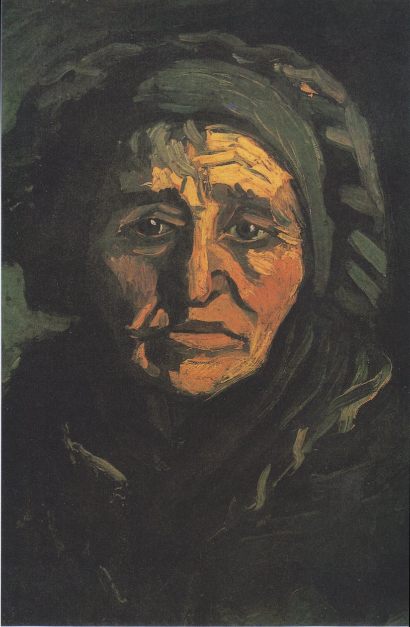 Huvud för en bondekvinna med en grönaktig huva av Vincent van Gogh