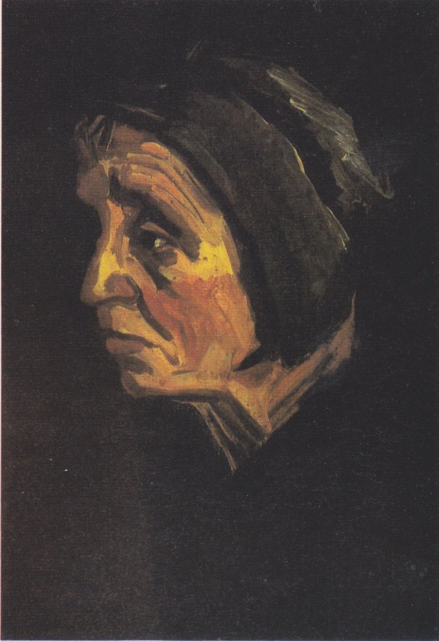 Huvud för en gammal bondekvinna med en mörk huva av Vincent van Gogh