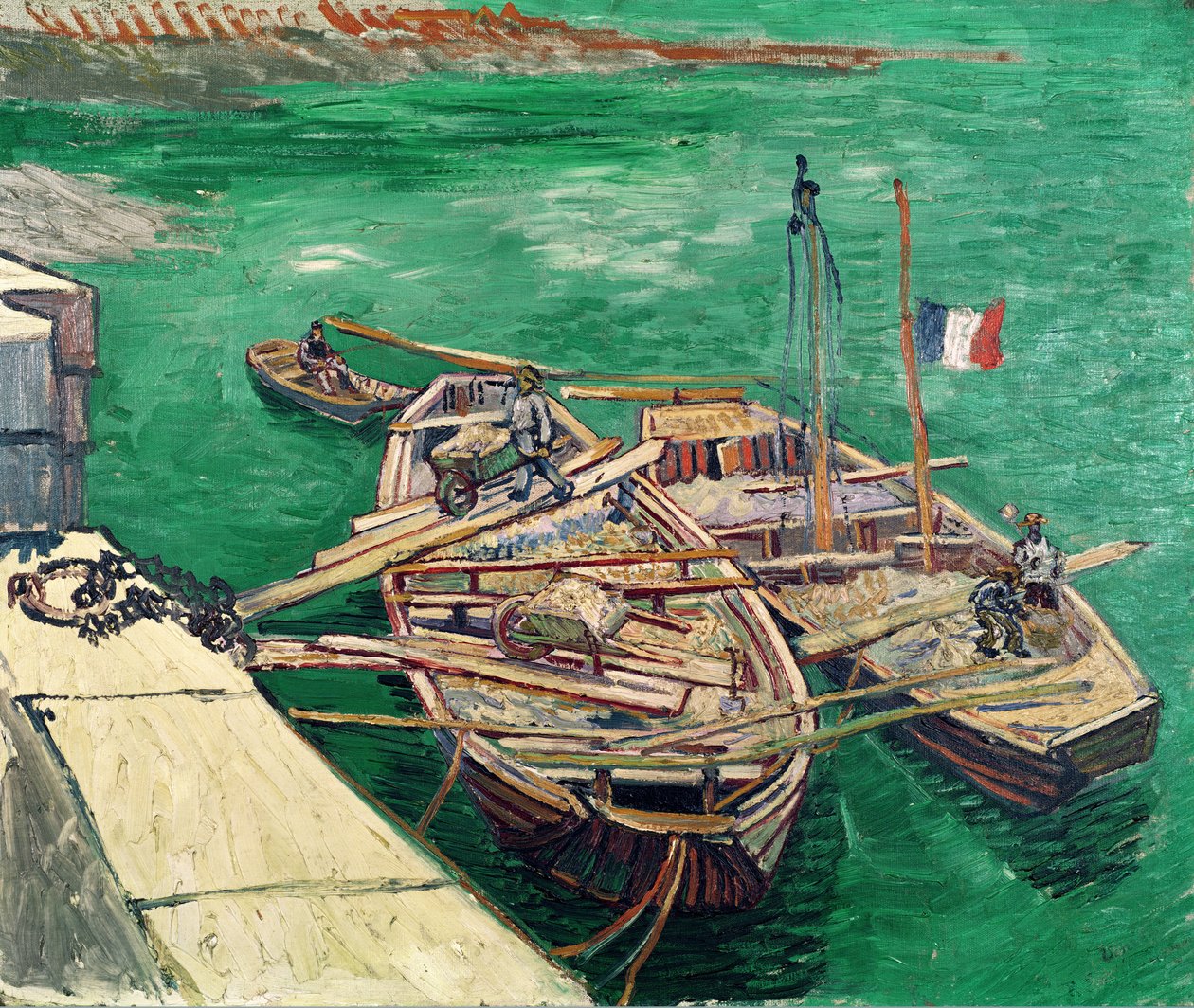 Landsteg med båtar, 1888 av Vincent van Gogh