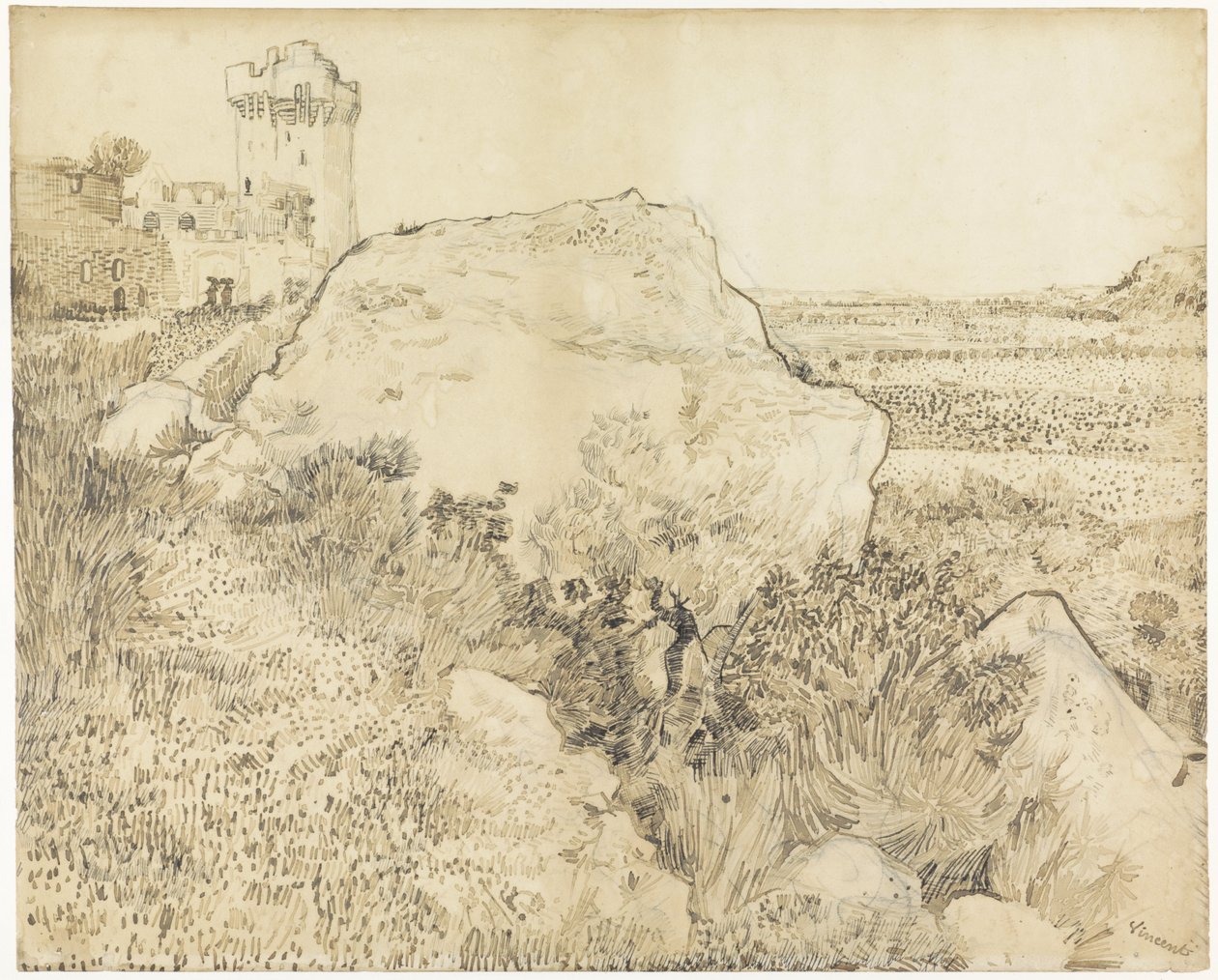 Landskap vid Montmajour Abbey i Arles, 1888 (penna på papper) av Vincent van Gogh