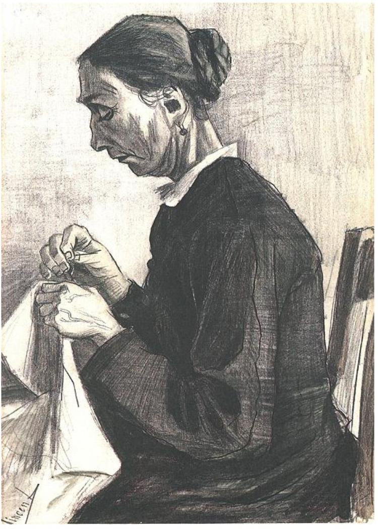 Old woman sewing av Vincent van Gogh