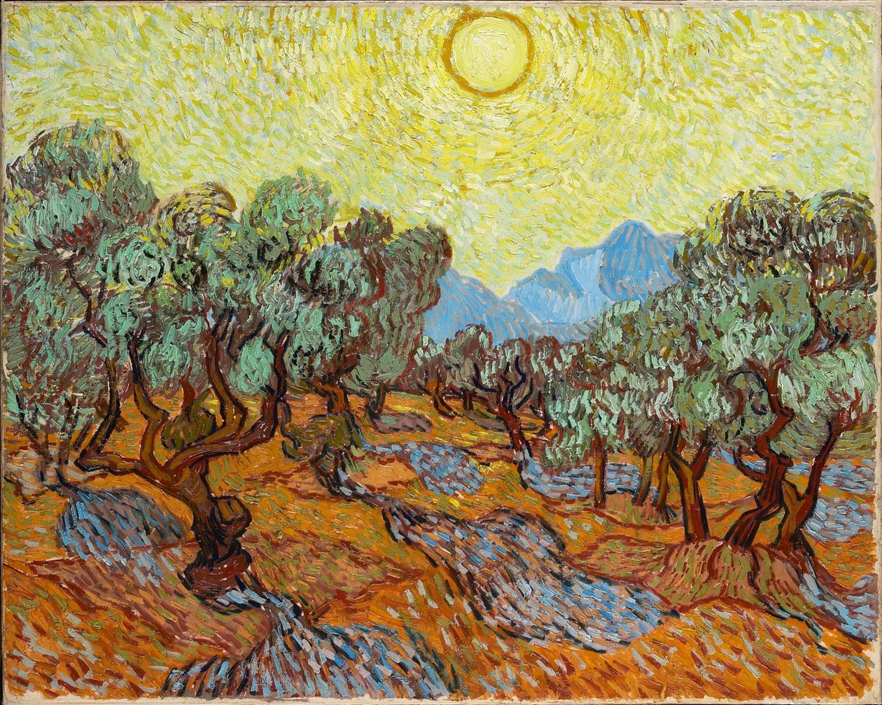 Olivträd med gul himmel och sol av Vincent van Gogh