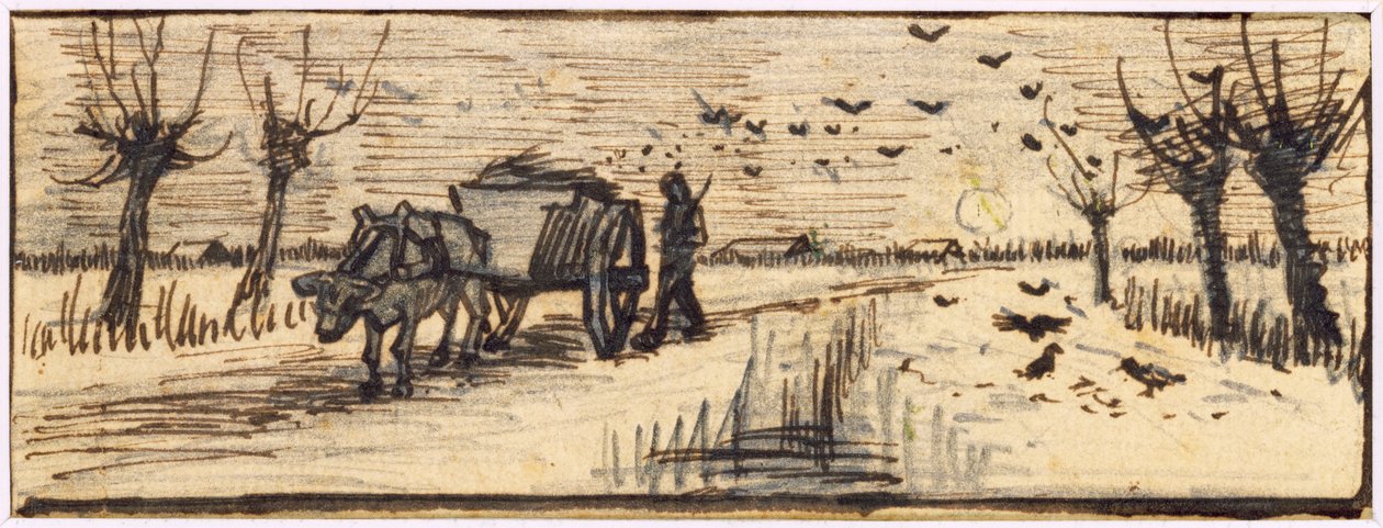 Ox-Cart in the Snow, från en serie av fyra teckningar som representerar de fyra årstiderna (penna, penna och brunt bläck på papper) (se även 61644-6) av Vincent van Gogh