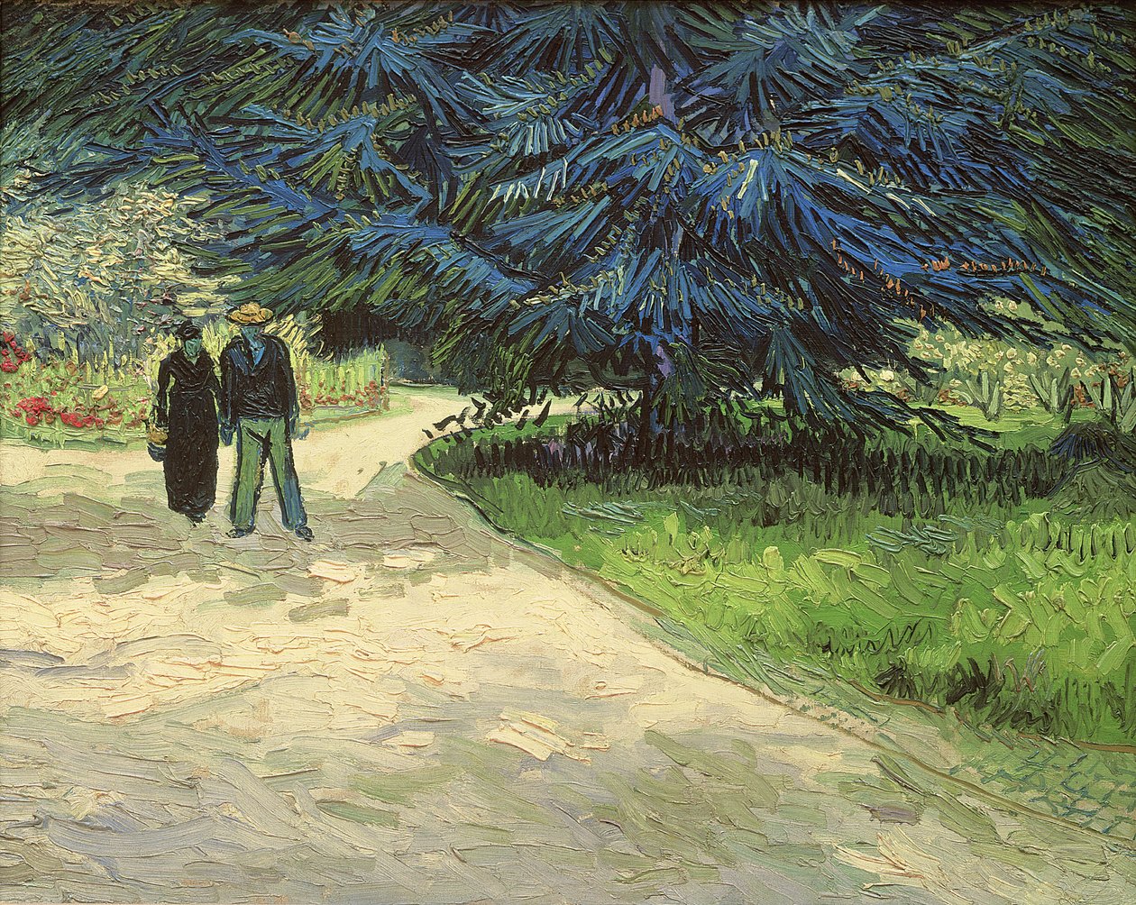 Offentlig trädgård med par och blågran: Poetens trädgård III, 1888 av Vincent van Gogh