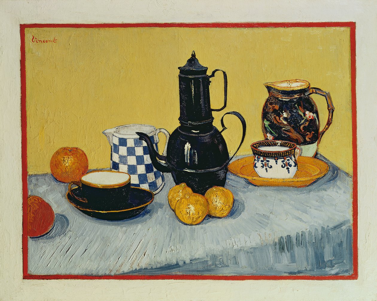 Stilleben med blå emalj kaffekanna, lergods och frukt, 1888 av Vincent van Gogh