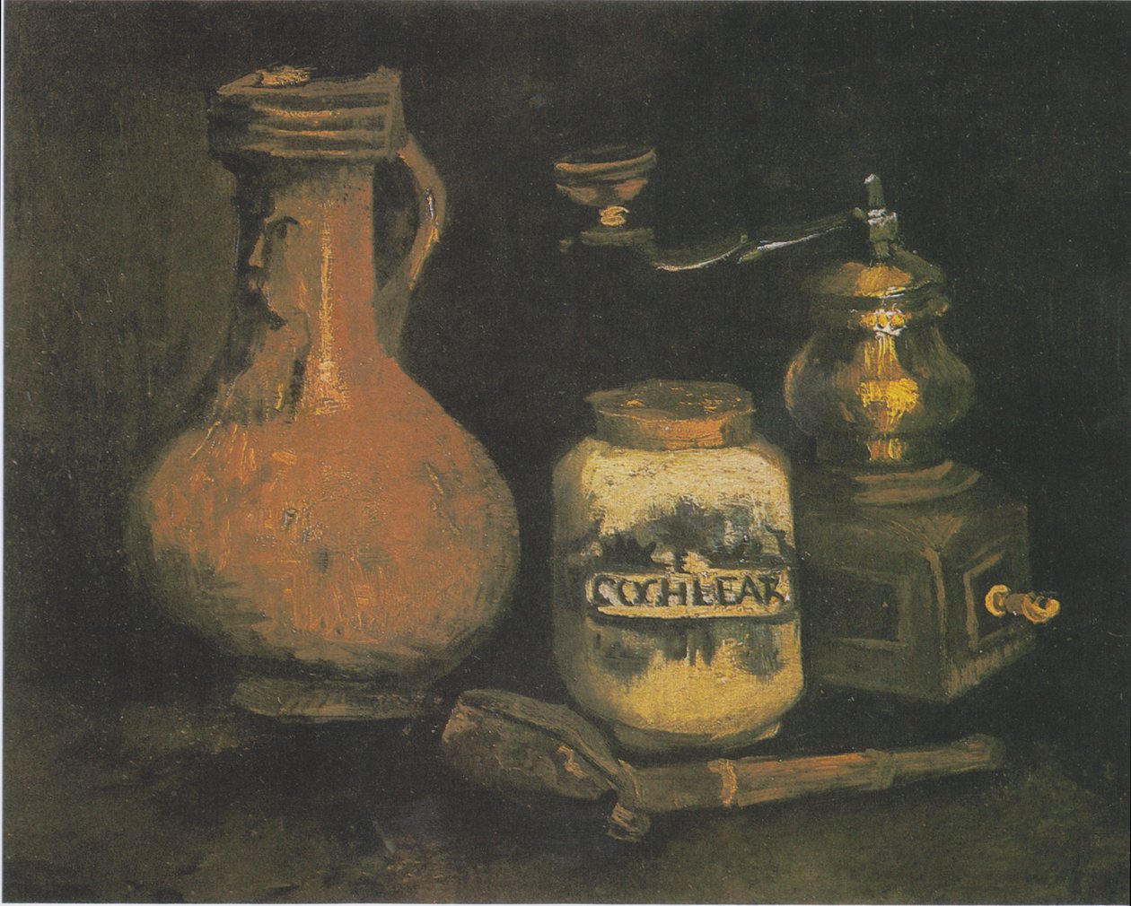 Stilleben med en Bartmann -mugg, kaffekvarn och rörlåda av Vincent van Gogh