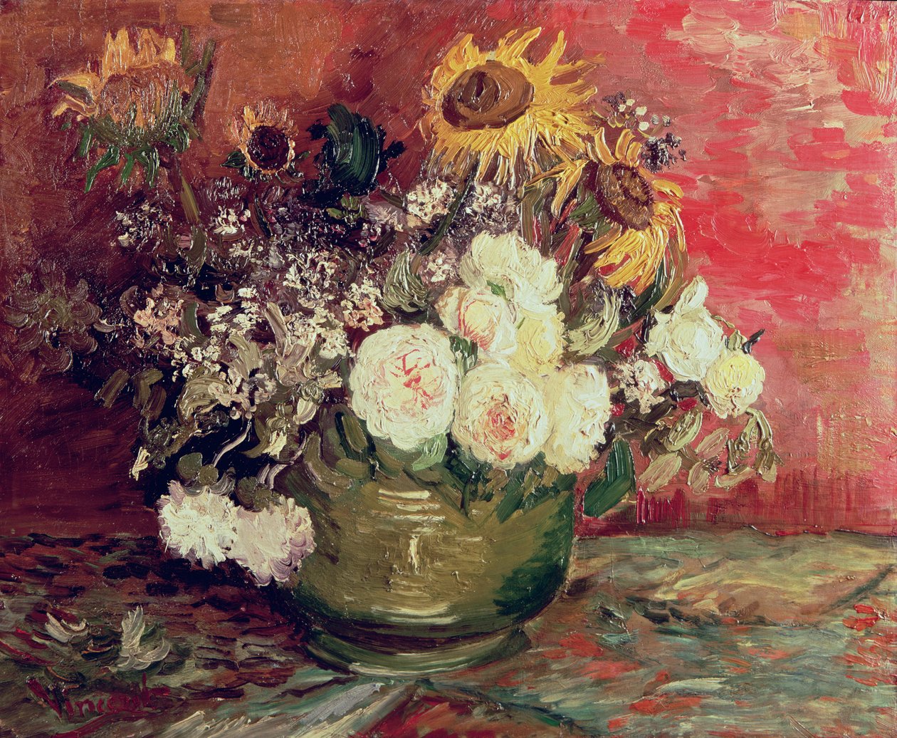 Solrosor, rosor och andra blommor i en skål, 1886 av Vincent van Gogh
