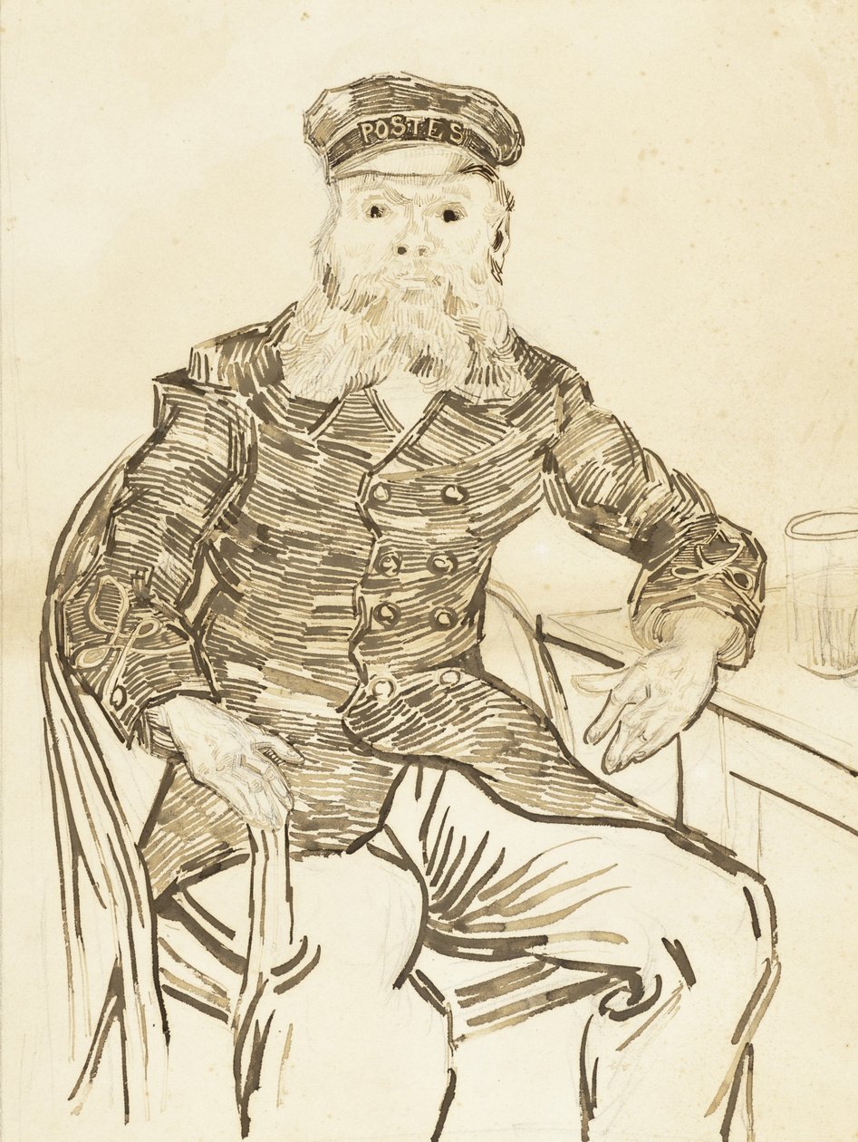 Brevbäraren Joseph Roulin, 1888 (brunt bläck över grafit på papper) av Vincent van Gogh
