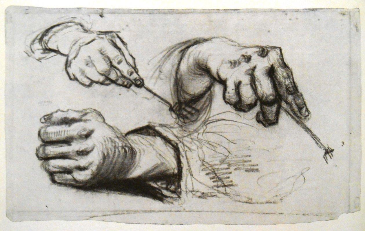 Tre händer, två som håller en gaffel av Vincent van Gogh