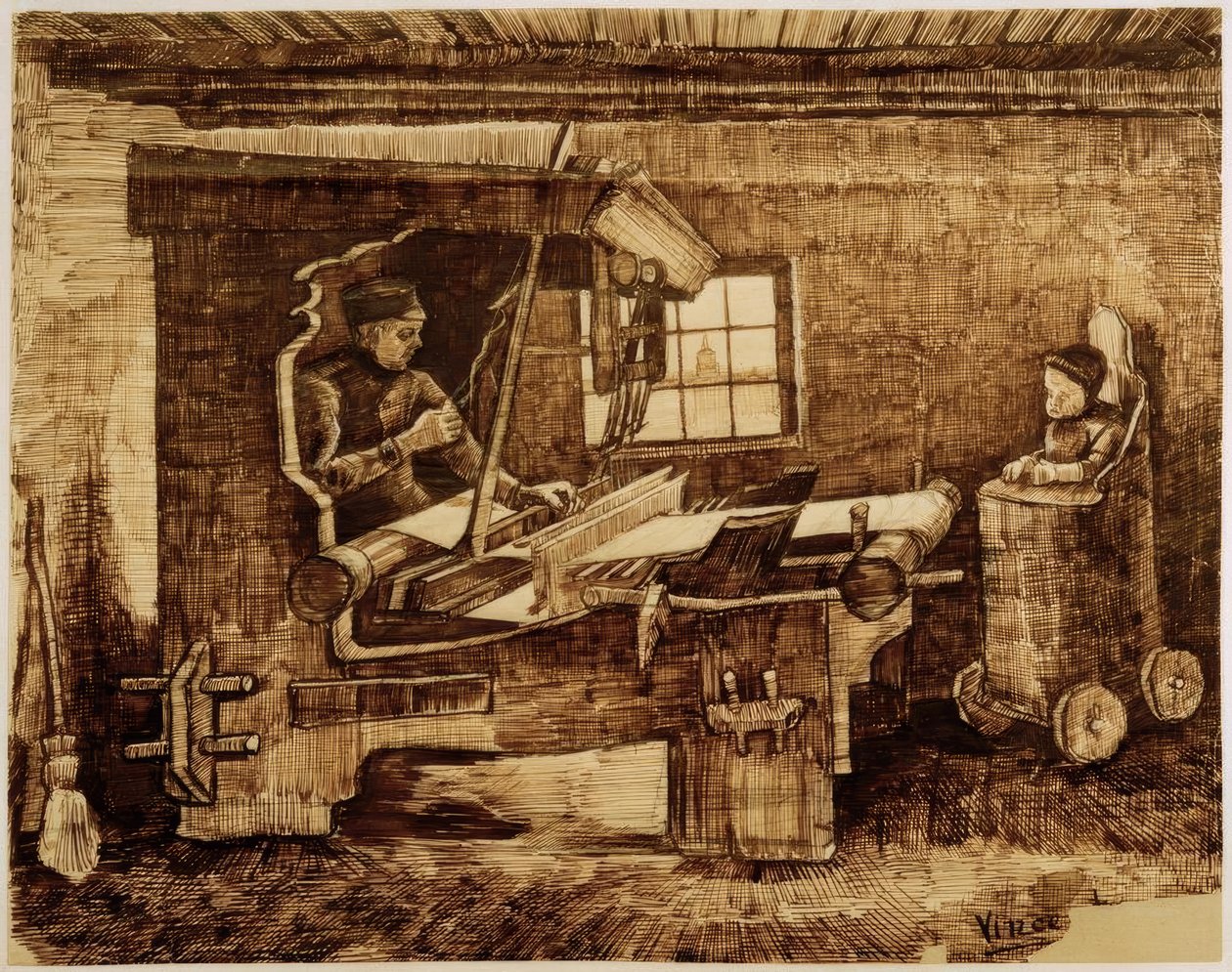 Weaver med ett litet barn i en hög stol av Vincent van Gogh