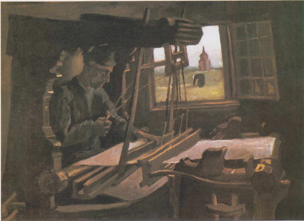 Weber vor offenem Fenster mit Blick auf den Turm von Nuenen av Vincent van Gogh