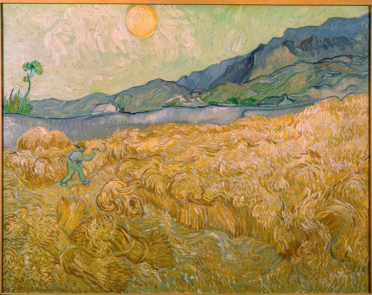 Vetefält med skördemaskiner med stigande sol av Vincent van Gogh