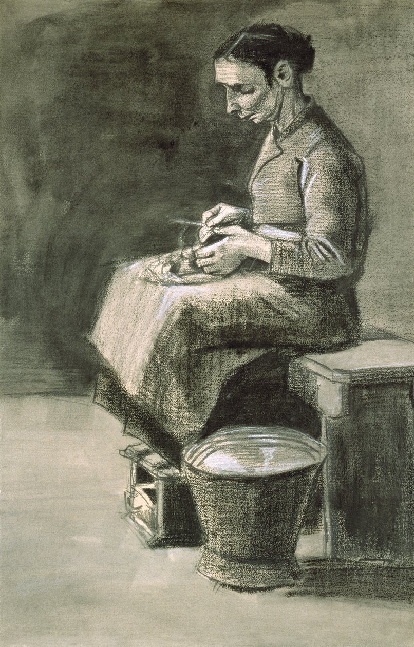 Kvinna som skalar potatis, 1882 (svart krita och tvätt med vit färg på papper) av Vincent van Gogh