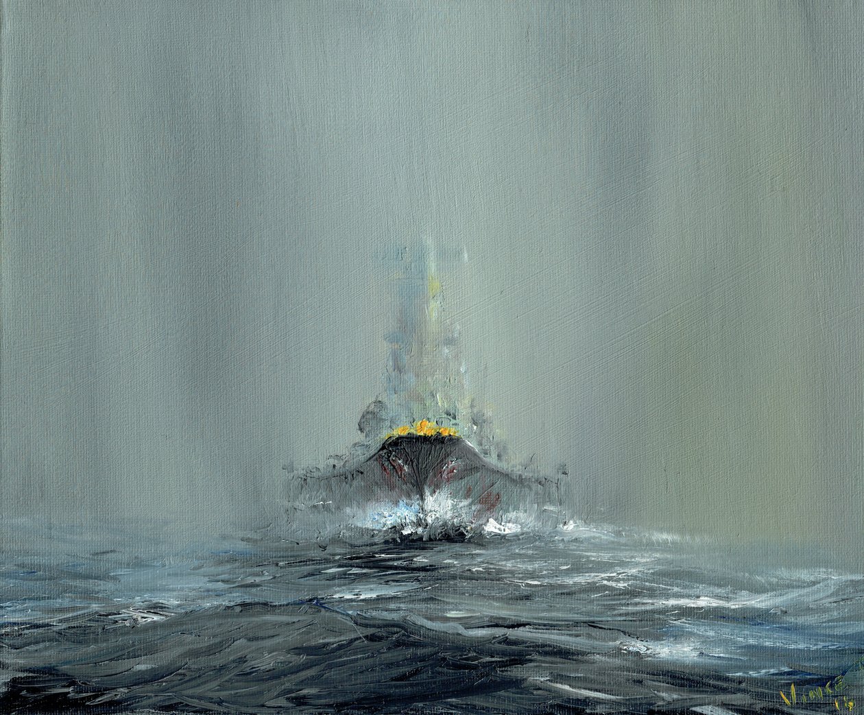 Battleship Yamato 1945, 2016, (olja på dukskiva) av Vincent Alexander Booth