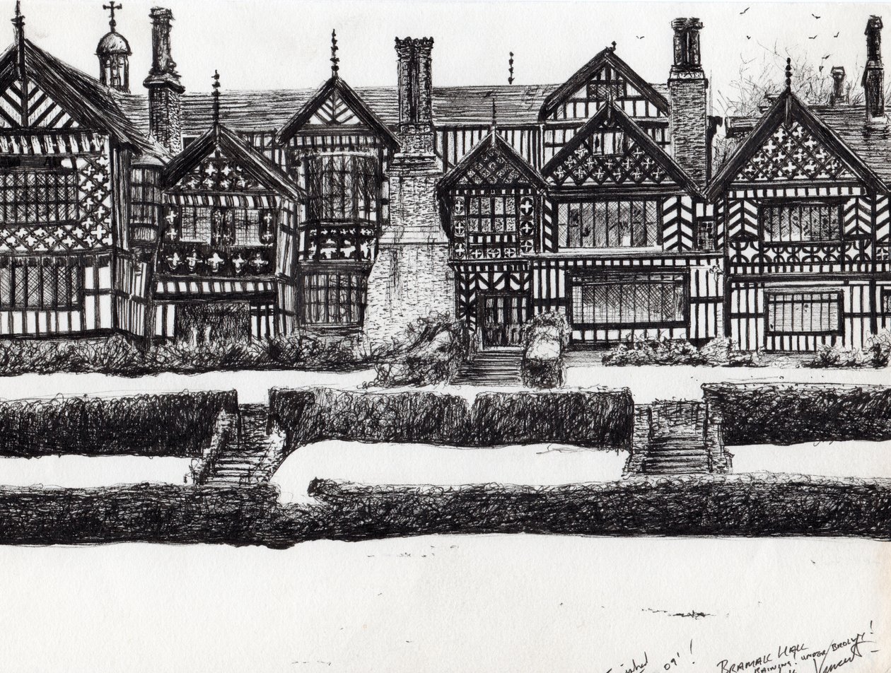 Bramall Hall Bramhall, 2004, (bläck på papper) av Vincent Alexander Booth