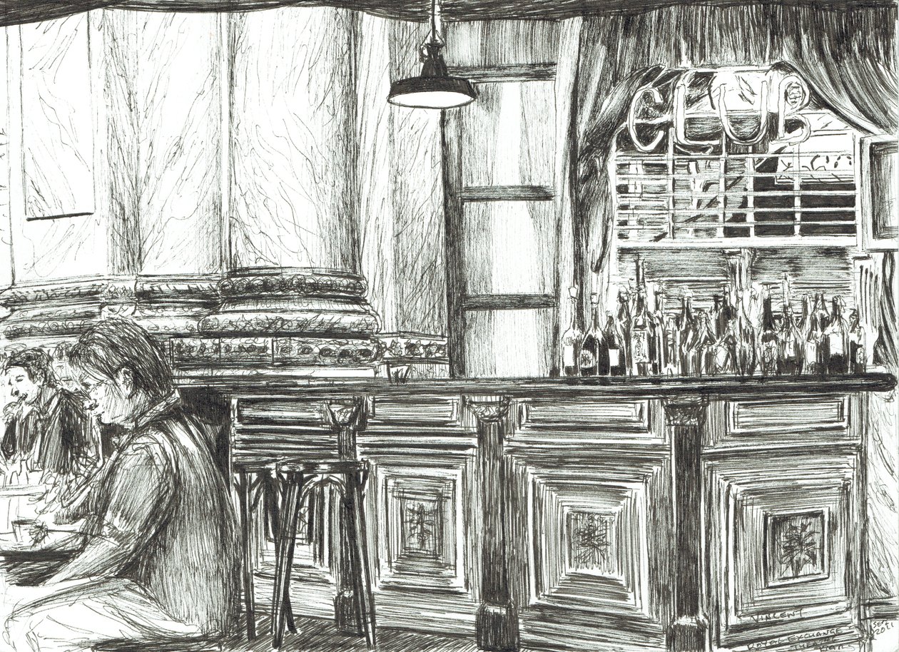 Café på Royal Exchange, Manchester, 2011, (bläck på papper) av Vincent Alexander Booth