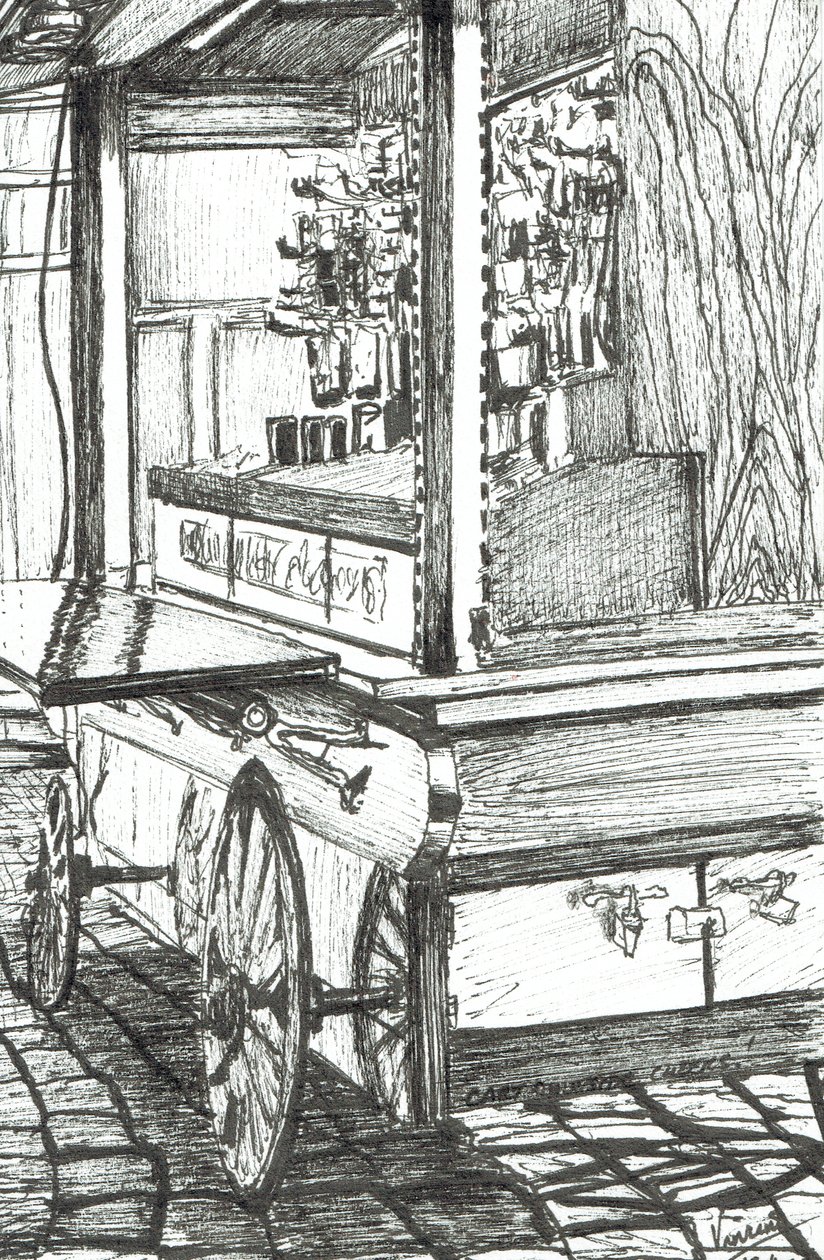 Varukorg utanför Cheers Bar Boston USA, 2003, (Bläck på papper) av Vincent Alexander Booth
