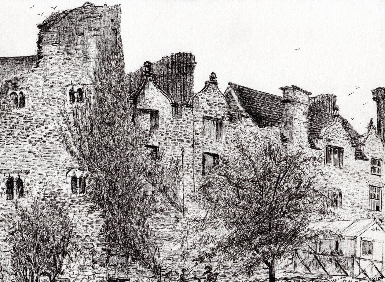 Slottsruin Hay on Wye, 2007, (bläck på papper) av Vincent Alexander Booth