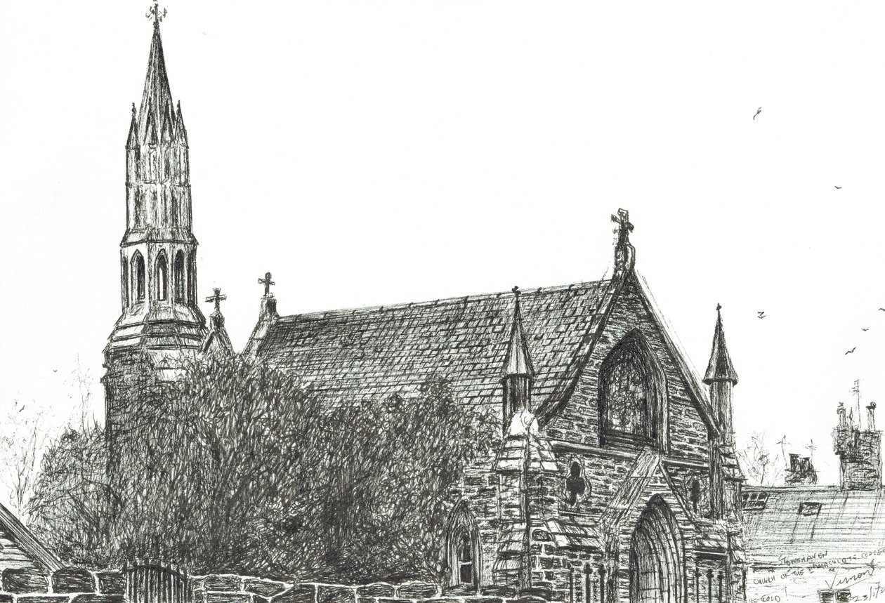 Church at Stonehaven, Skottland, 2007, (bläck på papper) av Vincent Alexander Booth