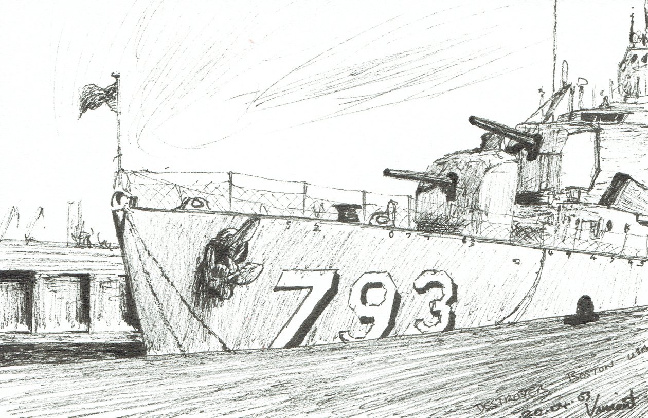 Destroyer 793 Boston Maritime Museum, 2003, (bläck på papper) av Vincent Alexander Booth