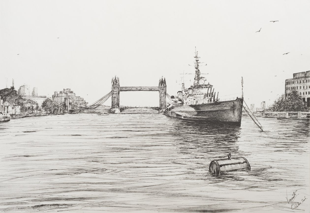HMS Belfast på Themsen London, 2006, (Bläck på papper) av Vincent Alexander Booth