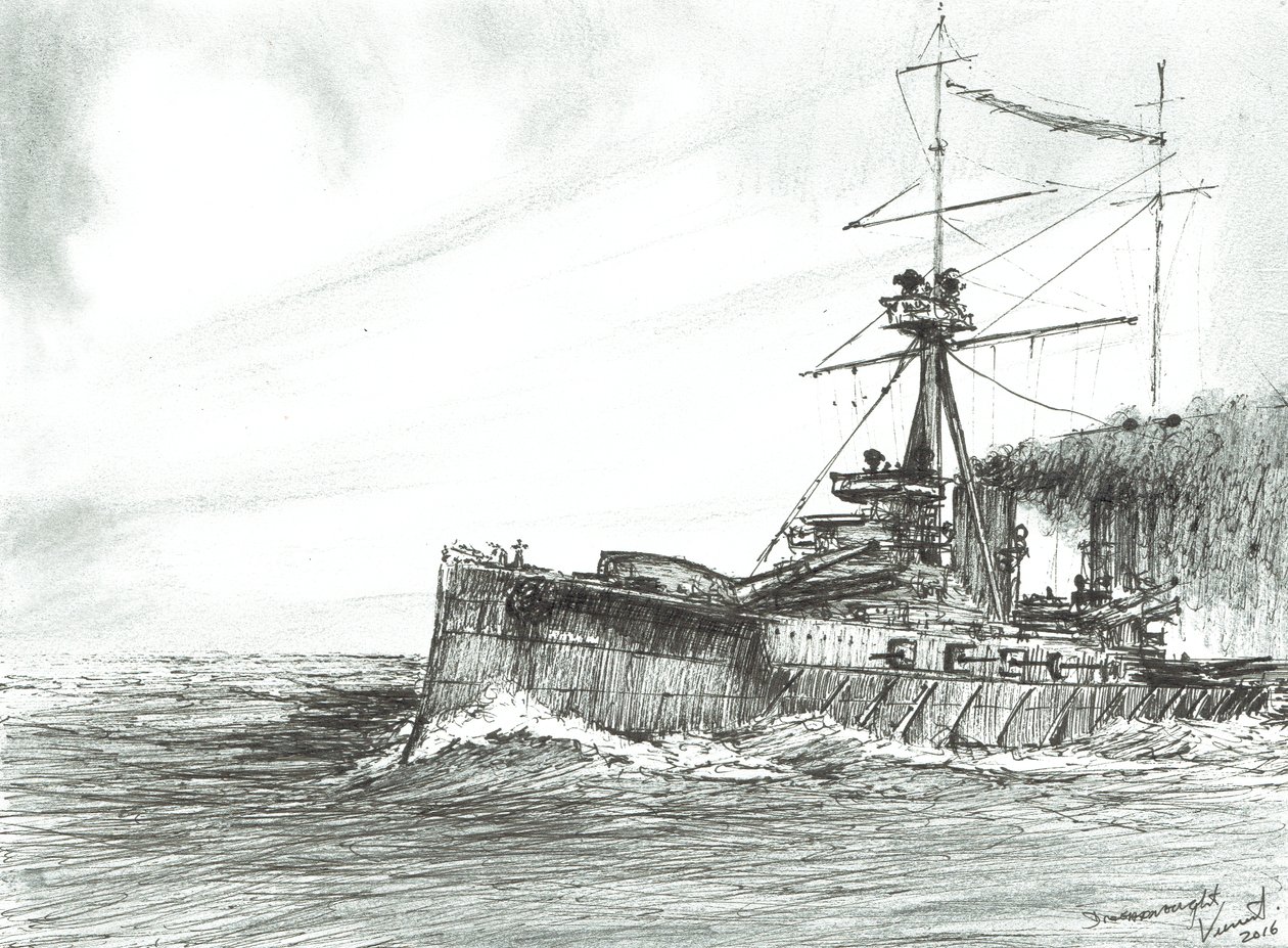 HMS Dreadnought till sjöss, 2017, (Bläck på papper) av Vincent Alexander Booth