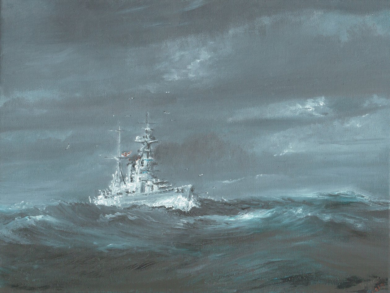HMS Hood utanför Skottlands kust 1920-talet; 2019; (olja på dukskiva) av Vincent Alexander Booth
