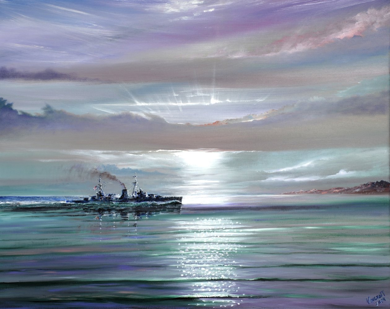 HMS Neptune, Mediterranean december 1941, 2019 (olja på duk) av Vincent Alexander Booth