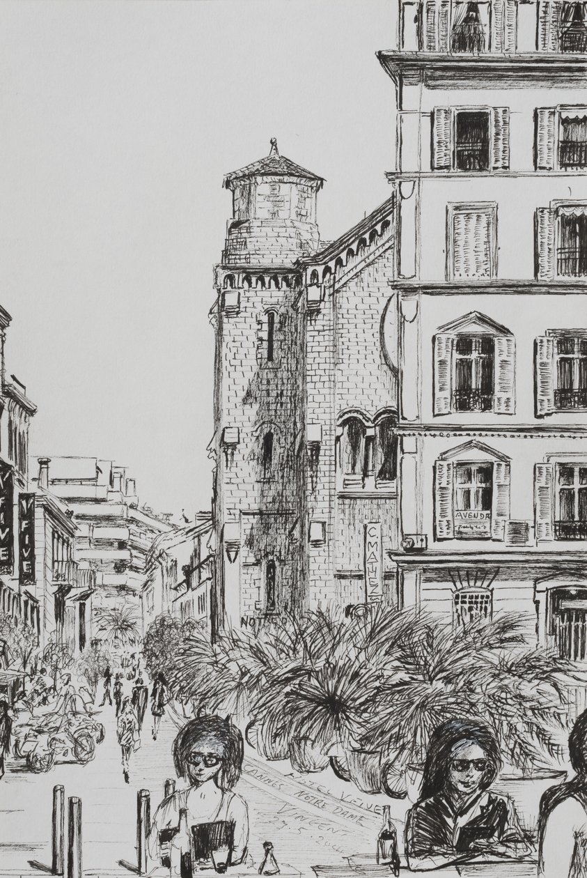 Hotel 5 och Notre Dame Cannes, 2014, (bläck på papper) av Vincent Alexander Booth