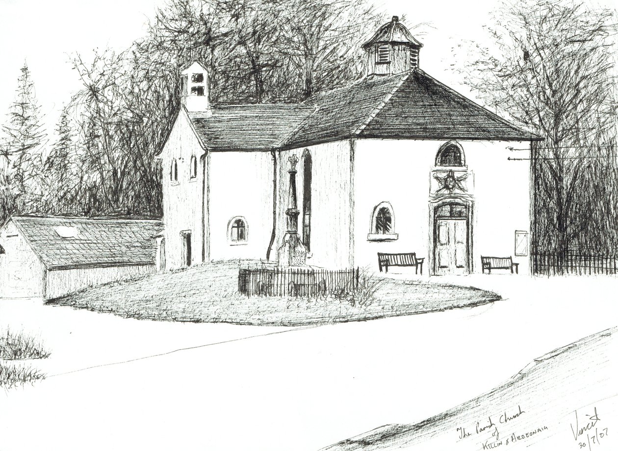 Killin & Ardeonaig Parish Church, 2007, (Bläck på papper) av Vincent Alexander Booth