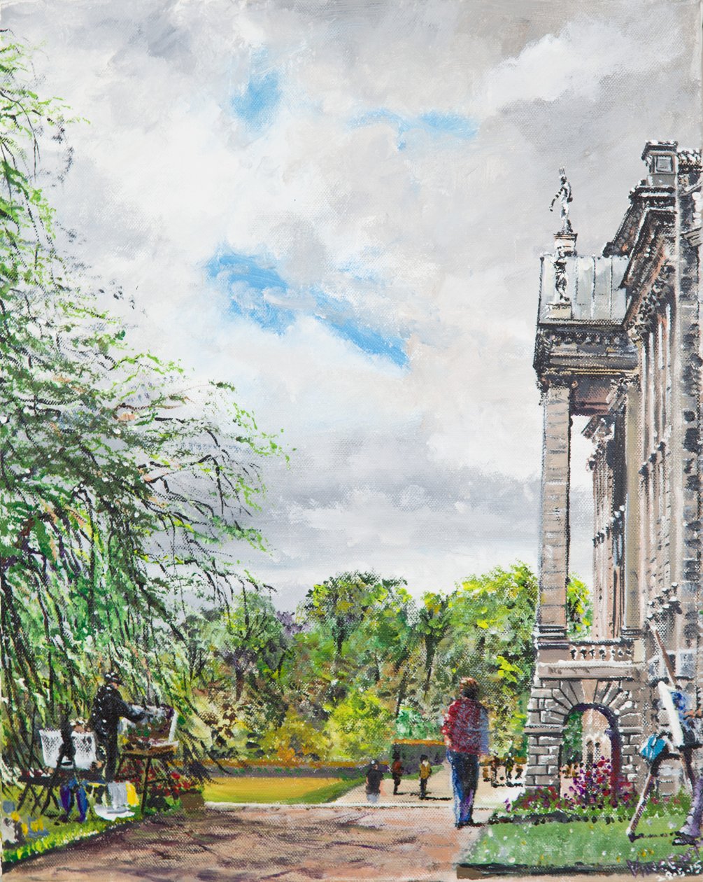 Lyme Park utsikt över hus och trädgårdar, 2015, (Akryl på dukskiva) av Vincent Alexander Booth