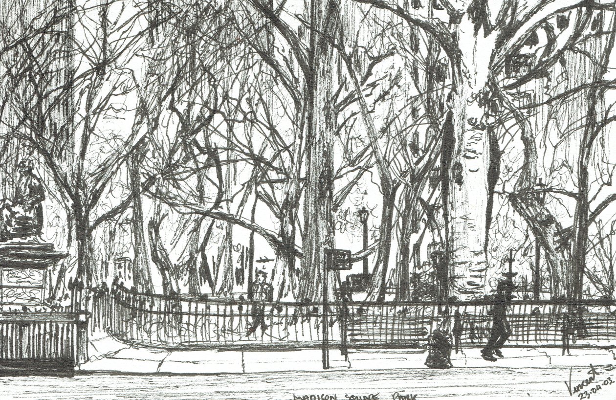 Madison square park New York, 2003, (Bläck på papper) av Vincent Alexander Booth