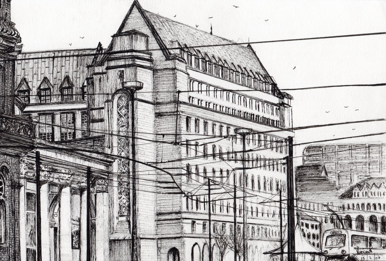 Manchester Town Hall, 2007, (bläck på papper) av Vincent Alexander Booth