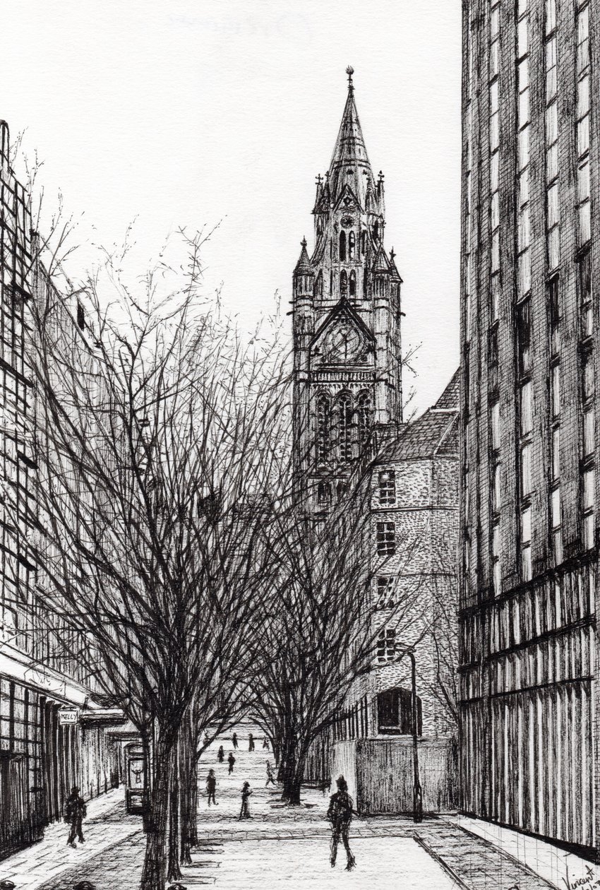 Manchester Town Hall från Deansgate, 2007, (bläck på papper) av Vincent Alexander Booth