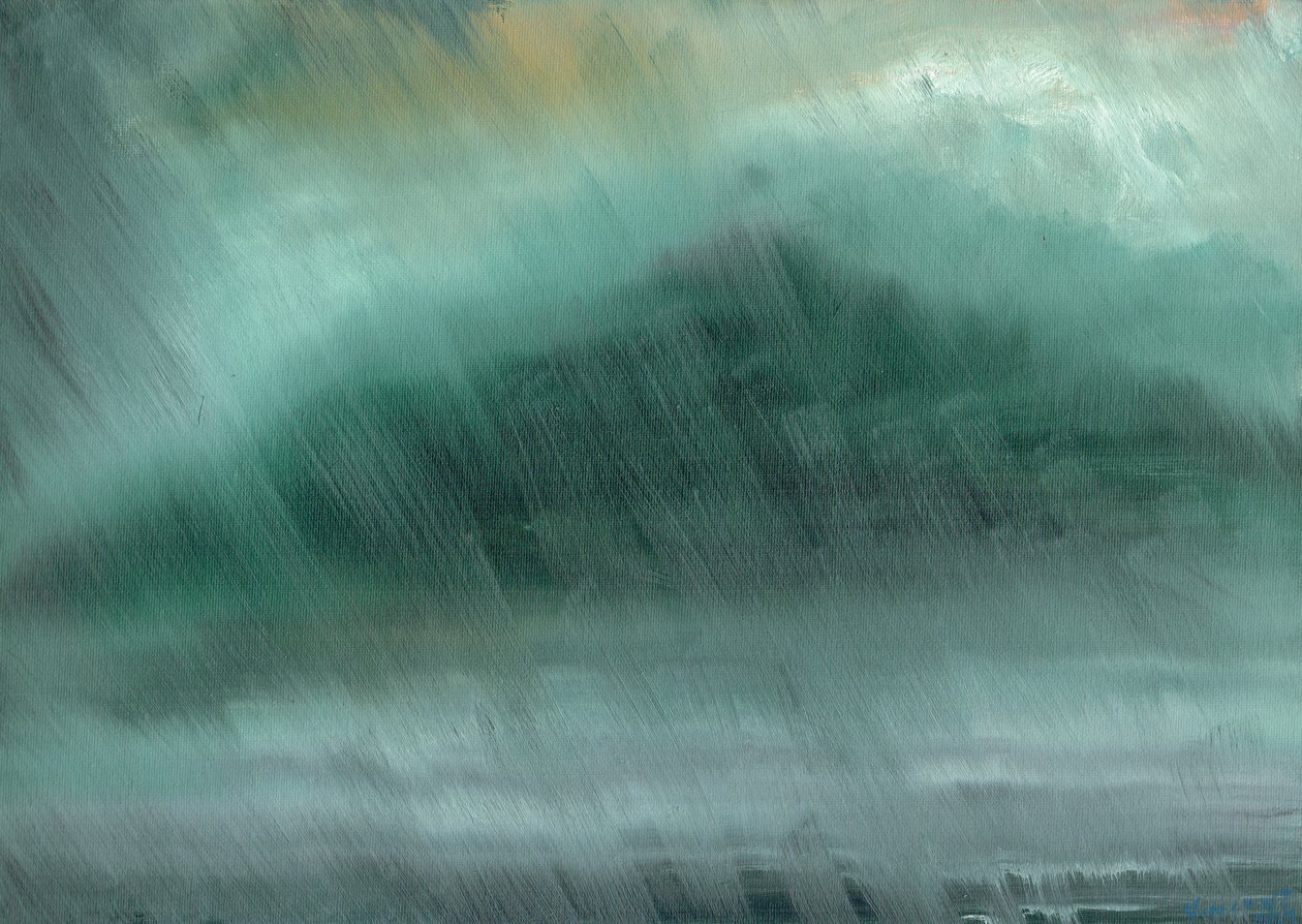 Bergsregn, 2017, (olja på dukskiva) av Vincent Alexander Booth