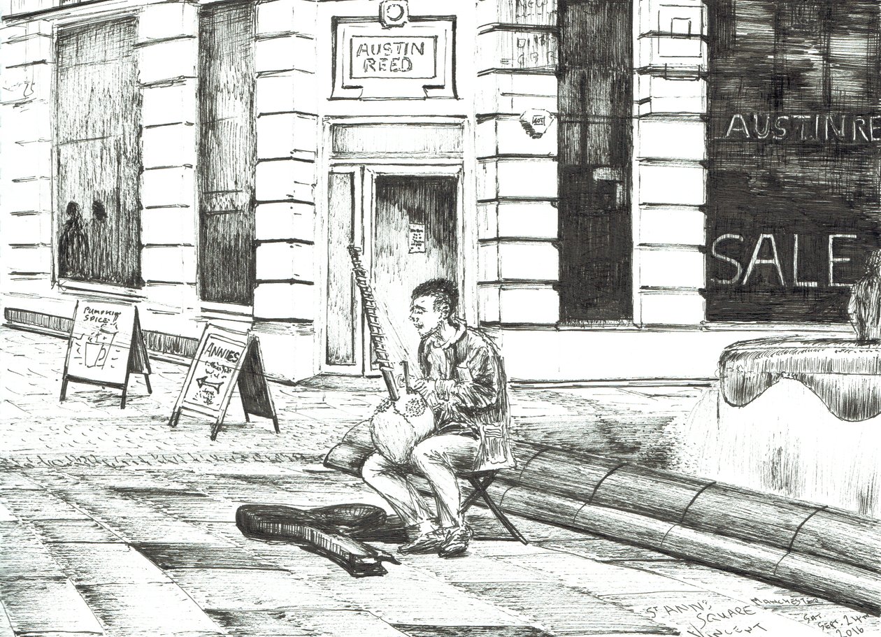 Musiker St. Anns Square, 2016, (bläck på papper) av Vincent Alexander Booth